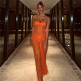 Hollow Out Lace Sheer Maxi Dresses Sexy Strapless Elegant Outfits for Women Club Party Ruched Dress Gown Summer Mini Dress